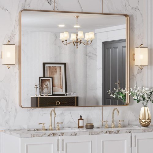 LOAAO Gold Bathroom Mirror - Rounded Rectangle Design with Anti-Rust Tempered Glass | 40" x 32" Wall-Mounted