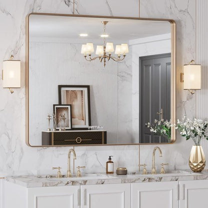 LOAAO Gold Bathroom Mirror - Rounded Rectangle Design with Anti-Rust Tempered Glass | 40" x 32" Wall-Mounted