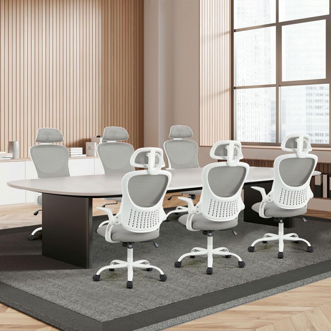 Skiennix Ergonomic Office Chair - Adjustable Lumbar Support & Flip-Up Armrests | High Back Mesh Taskchair in Grey