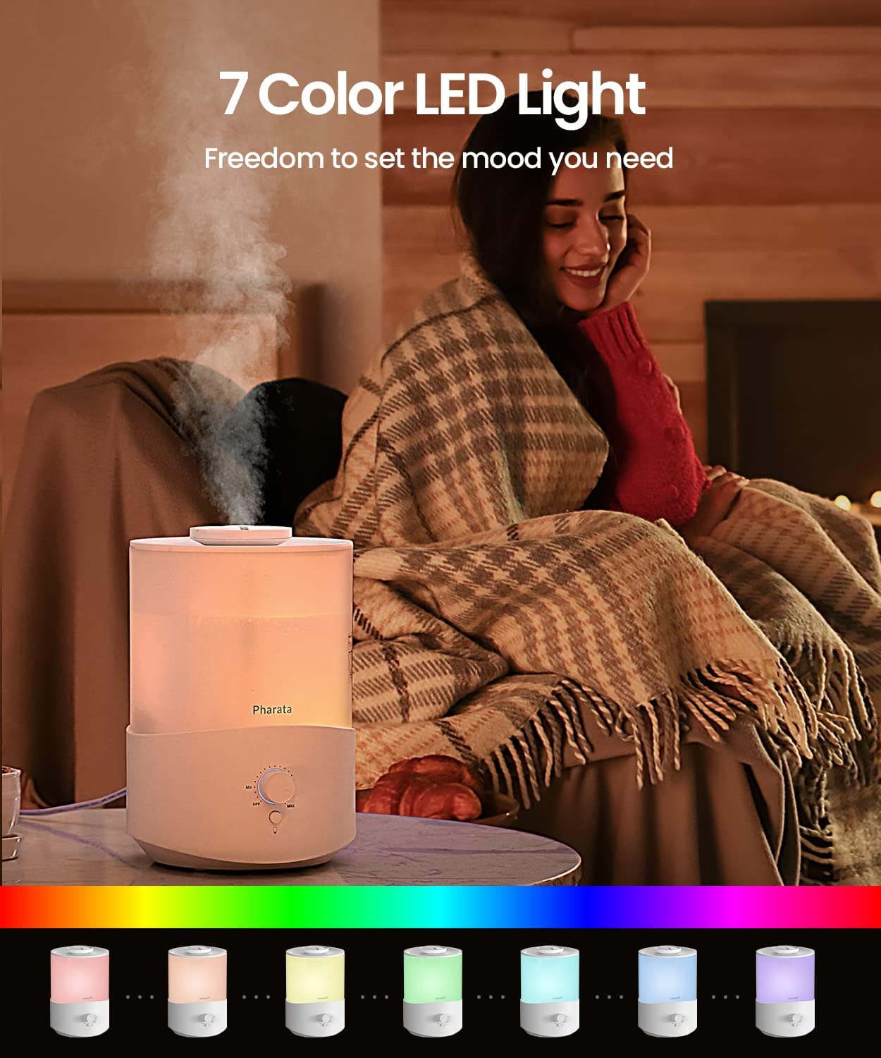 Pharata Humidifier - 2.5L Cool Mist Essential Oil Diffuser for Large Rooms | Auto Shut-Off & Top Fill Design