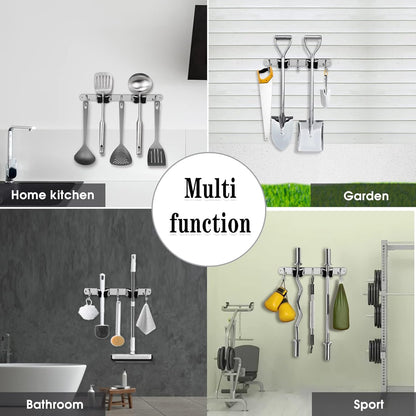 Skiennix Broom and Mop Holder - Wall Mounted Garage Organizer with Heavy Duty Hooks | Stainless Steel, Non-Slip