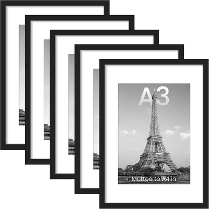 Upsimples A3 Picture Frame Set of 5 - Display 8.3x11.7 Photos with Mat or 11.7x16.5 Without | Black Wall Gallery Frames