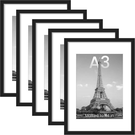 Upsimples A3 Picture Frame Set of 5 - Display 8.3x11.7 Photos with Mat or 11.7x16.5 Without | Black Wall Gallery Frames