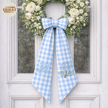 Regine Switzerland Monogram Wreath Sash Bow - Adjustable Farmhouse Door Decor | Hydrangea Design
