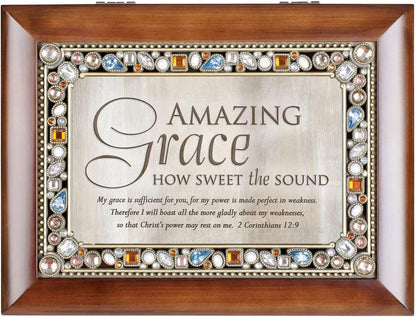 Cottage Garden Jeweled Music Box - Walnut Wood Finish | Plays "Amazing Grace" Tune