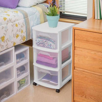 Sterilite 3-Drawer Rolling Storage Organizer - Versatile Plastic Bin Cart for Closet | White, 6-Pack