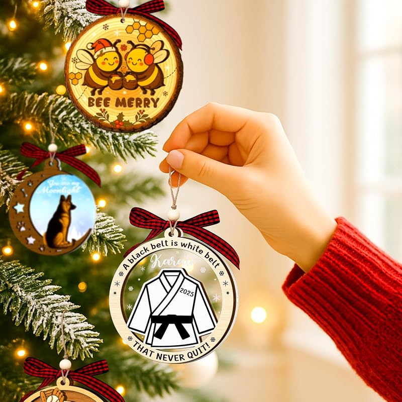Karate Black Belt Ornament – Wooden & Acrylic 2-Layer Xmas Decoration for Karate Lovers