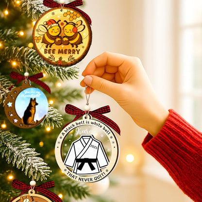Karate Black Belt Ornament – Wooden & Acrylic 2-Layer Xmas Decoration for Karate Lovers