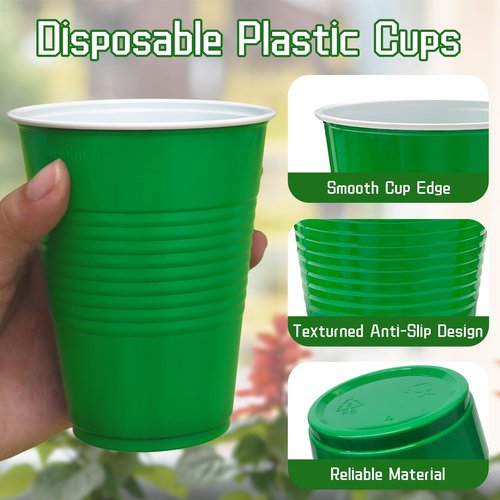 BONSINY 200 Count Green Plastic Cups for Graduation Party - Green Disposable Cups for Birthday Picnics World Cup Decorations (16 oz)