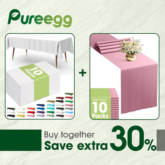 Pureegg Disposable Table Set - 10 Pack White & Pink Tablecloths (54''x108'') & Runners (14''x108'') | Leakproof & Stain-Resistant for Events