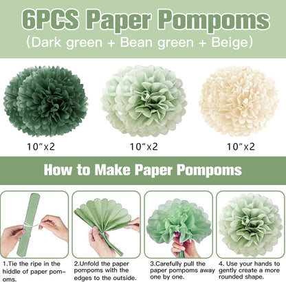 Sage Green Birthday Decorations Set - Balloons, Banner, Pom Poms & Crown for Boho Parties