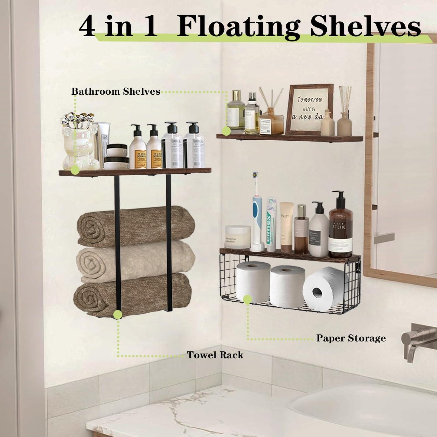 Skiennix Floating Shelves - Wall Mounted Bathroom Organizer with Storage Basket for Toilet Paper | Dark Brown, Set of 4, 16 in