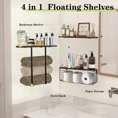 Skiennix Floating Shelves - Wall Mounted Bathroom Organizer with Storage Basket for Toilet Paper | Dark Brown, Set of 4, 16 in