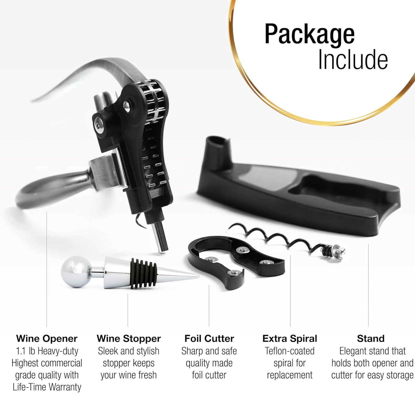 Wine Bottle Opener Corkscrew Set – Luxiluxy [2024 upgraded, does NOT break!] Including Foil Cutter, Bottle Stopper, Opener Stand and Extra Spiral - corkscrews wine opener set- wine opener kit