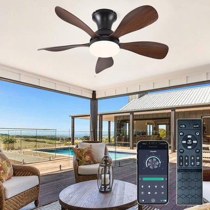 FUMLTP 33In Low Profile Ceiling Fans with Lights and Remote/APP Control,Modern Flush Mount Ceiling Fan with 5 Reversible Blades for Outdoor Patio,Small Room,Bedroom(Black+Brown