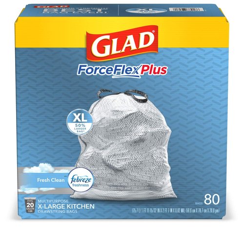 Glad Trash Bags, Force Flex Kitchen Pro Drawstring Garbage Bags, Fresh Clean, 80 Count
