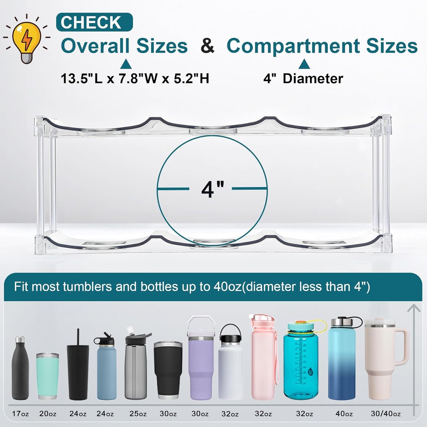Skiennix Stackable Water Bottle Organizer - Large Compartment for Stanley Tumblers | Clear 2-Tier Rack Holds 6 Bottles