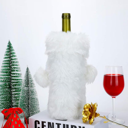Boao 2-Piece White Faux Fur Wine Bottle Covers - Xmas Christmas Themed Bag, 32x9x9 cm