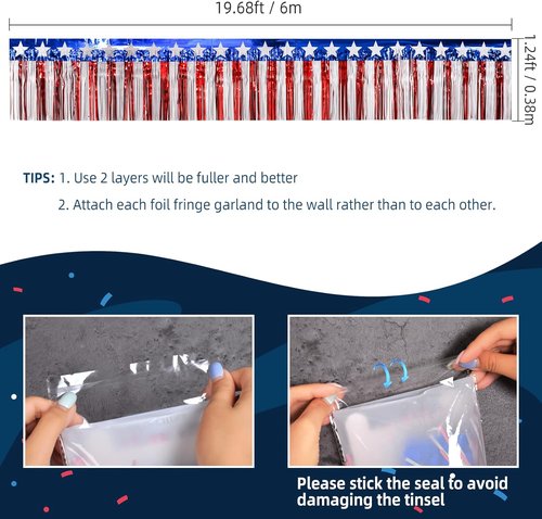 **Mega-L 4th of July Decorations - 39 Feet Red, White & Blue Foil Fringe Garland & Tinsel Streamers**