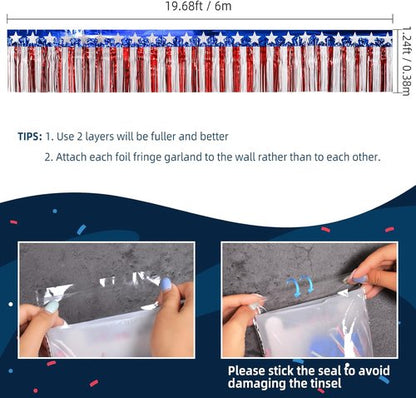 **Mega-L 4th of July Decorations - 39 Feet Red, White & Blue Foil Fringe Garland & Tinsel Streamers**