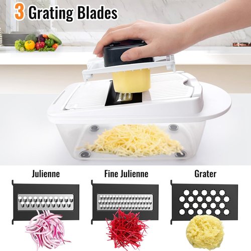 12 Blade All-in-1 Vegetable Chopper | Mandoline Slicer with Container & Spiralizer - White