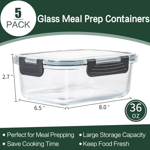 CEKEE Glass Meal Prep Containers - 5 Pack 36 OZ Airtight Food Storage Set | Microwave & Dishwasher Safe