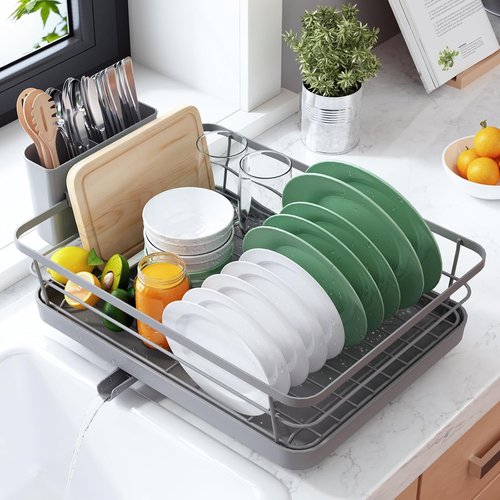 Kitsure Dish Drying Rack - Stainless Steel Kitchen Organizer with Cutlery Holder | 12"W x 15.5"L, Grey