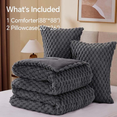 BEDELITE Fluffy Queen Comforter Set - Grey Fleece Soft Comforter for Queen Size Bed, Luxury Warm Bedding Set for Winter, Fuzzy Bed Set 3 Pieces (1 Comforter, 2 Pillowcases)