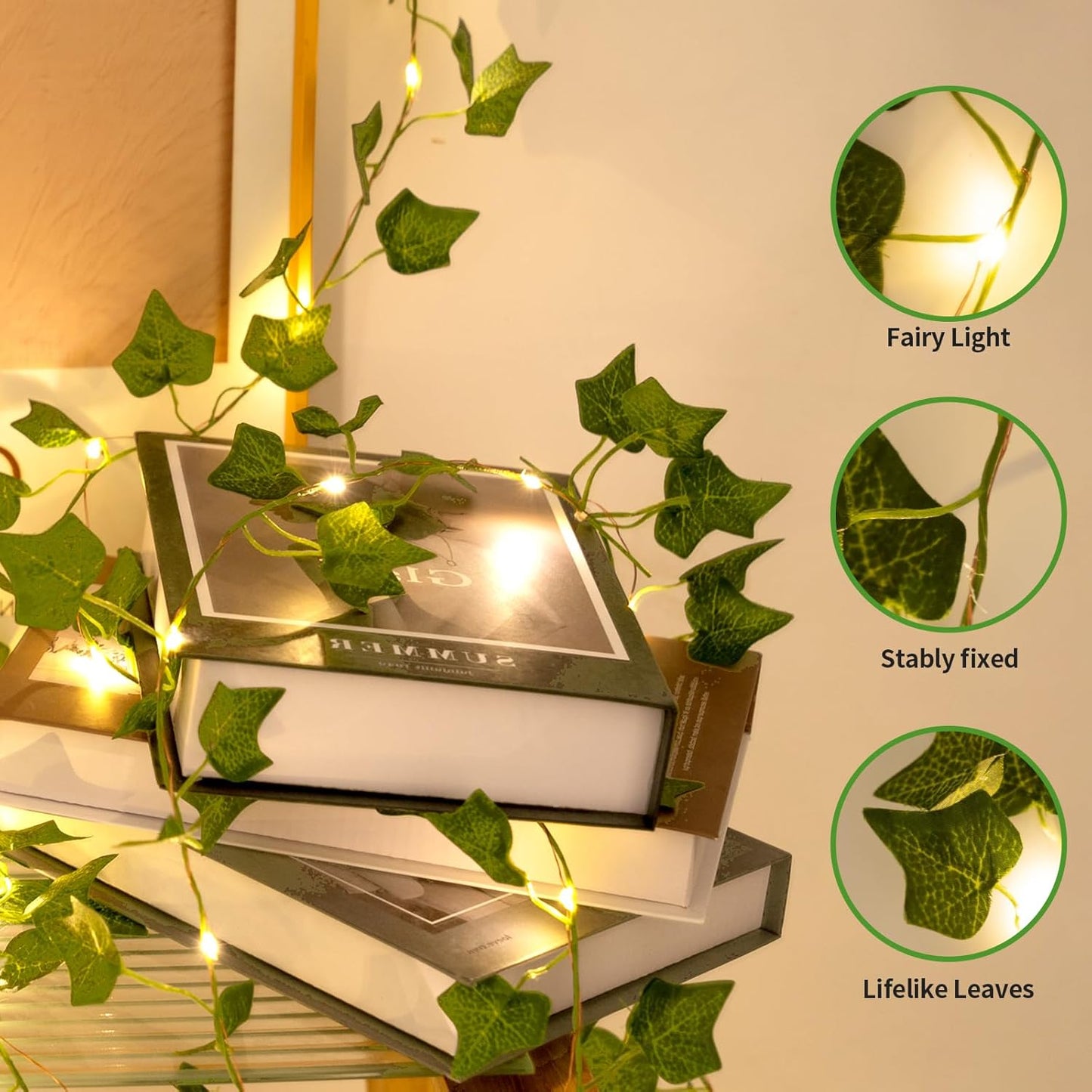 Skiennix 33ft LED Artificial Ivy Garland - 100 Fairy Lights for Home, Office & Outdoor Decor