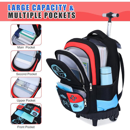 Rolling Backpack for Boys - 3-in-1 Kids Rolling Backpack with Wheels, Red/Blue
