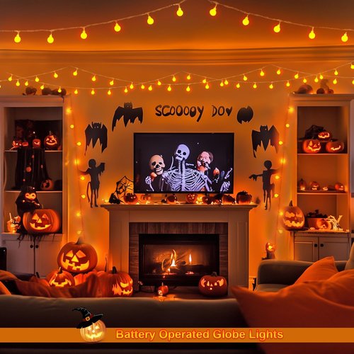 JMEXSUSS 100 LED Orange Globe String Lights - 33ft Battery Operated Fairy Lights with Remote for Indoor/Outdoor Decor