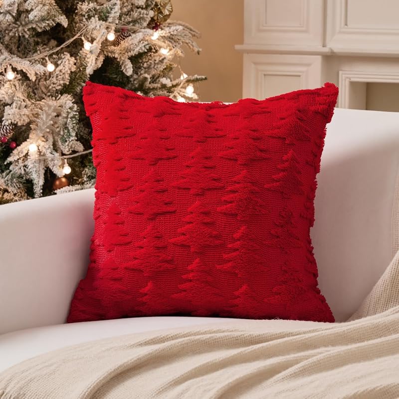 Christmas Tree Pillow Cover 18x18 Inch Red - Pack of 2 | Embroidered Tree Design