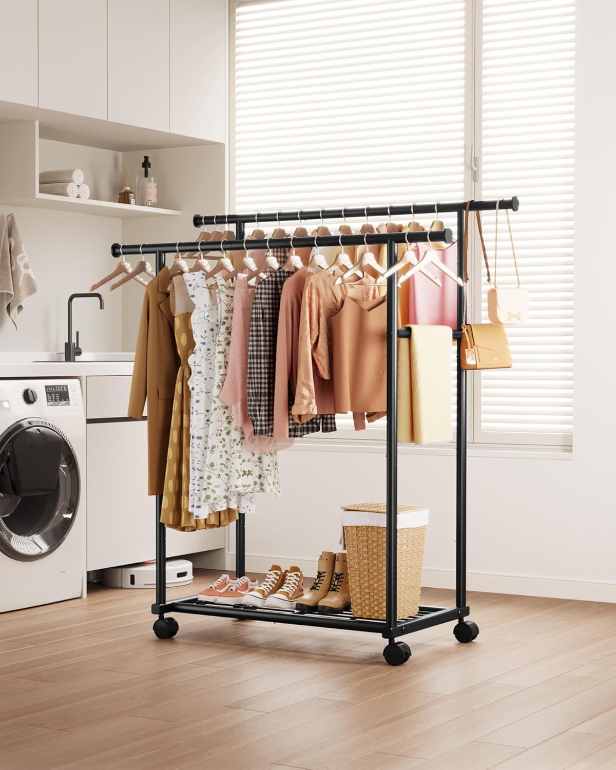 Sakugi Metal Clothes Rack - Double Rod Design with Rolling Wheels & Built-In Shelf | 38.5" x 16.9" x 59", Black