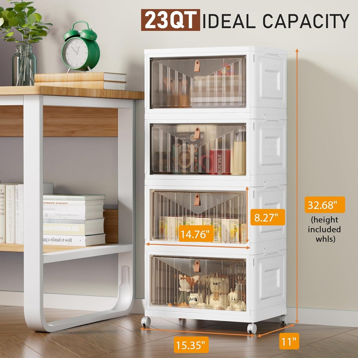 Skiennix 4-Tier Storage Bins - Stackable Closet Organizers with Lids & Wheels | 23QT Foldable Plastic Containers - White