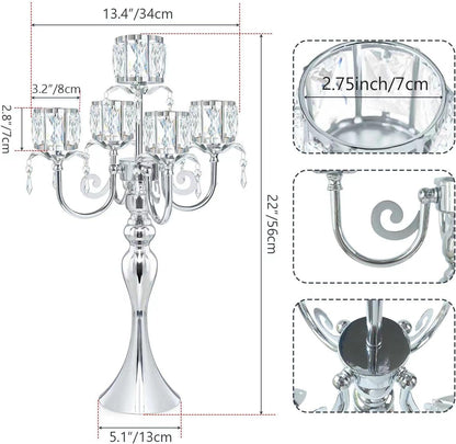 Regine Switzerland Silver 5-Arm Crystal Candle Holder - 22-Inch Elegant Table Centerpiece for Weddings & Home Decor