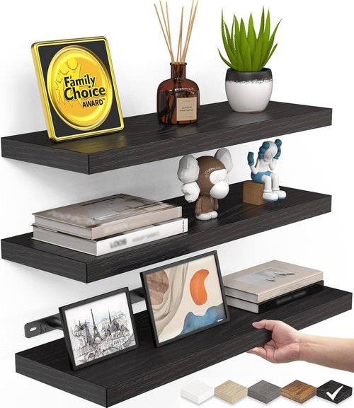 BAYKA Floating Wall Shelves - Rustic Wood Design for Bathroom, Bedroom & Living Room | Set of 3, 15.7in, Black