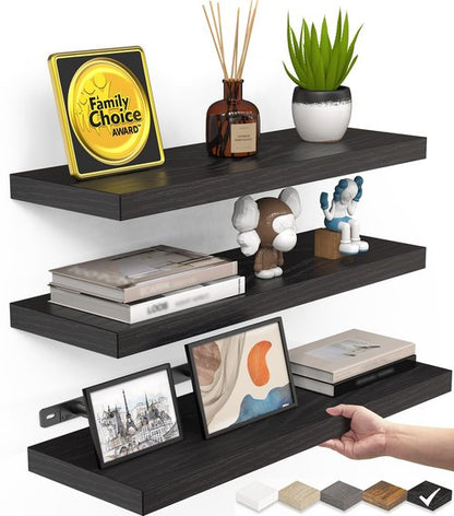 BAYKA Floating Shelves for Wall, Wall Mounted Rustic Wood Shelves for Bathroom, Bedroom, Living Room, Kitchen, Hanging Shelf for Books/Storage/Room Decor with 22lbs Capacity (Black, Set of 3, 15.7in)