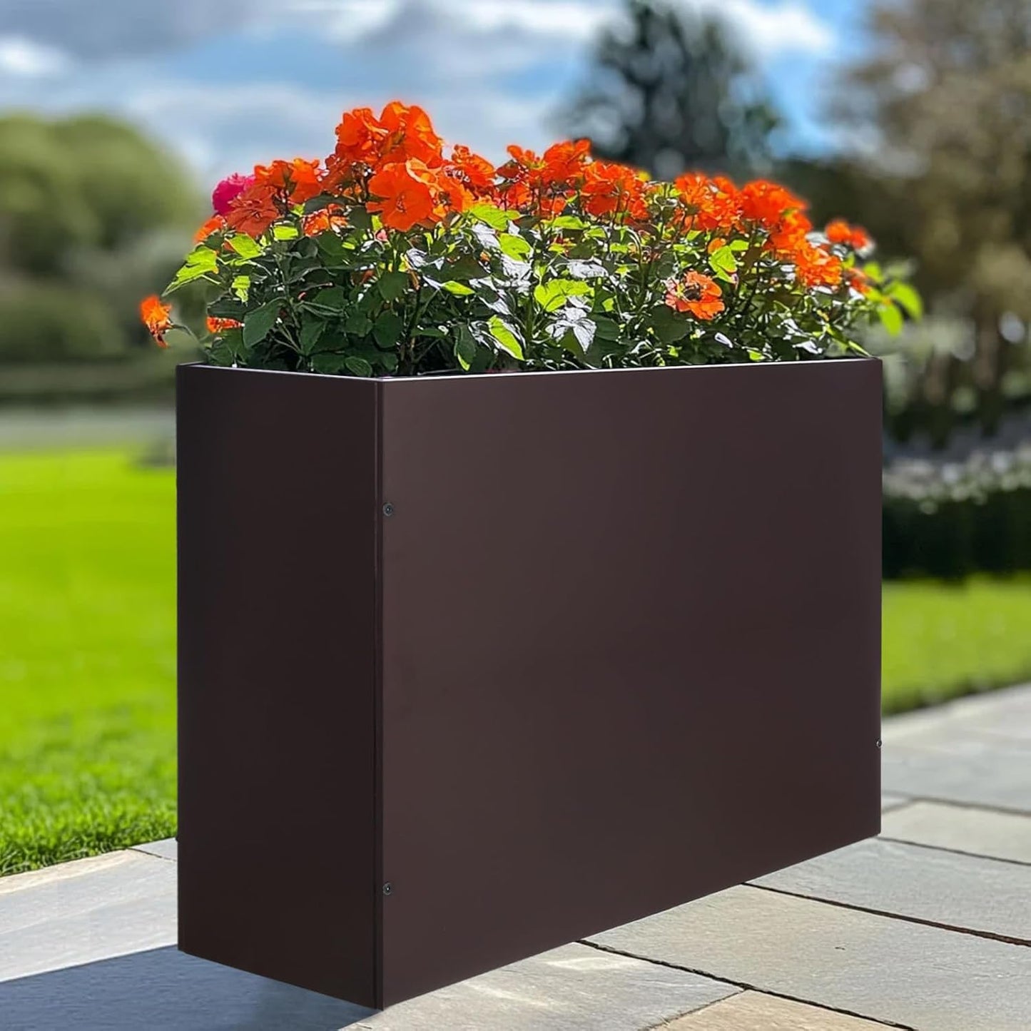 BAYN Metal Rectangular Planter Box - Modern Heavy-Duty Design with Drainage Holes | Brown, 32”x 12”x 24”