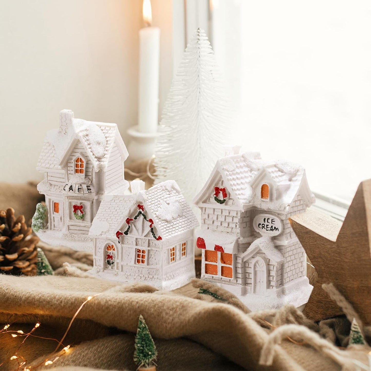 Vinsot 26-Piece Resin Winter Miniature Village Set - Light-Up LED Houses & Pine Trees Decor