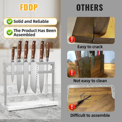 Magnetic Knife Stand Block with Marble Base, Double-sided Stainless Steel Magnets for Countertop with Acrylic Shield, Magnetic Knife Holder for Kitchen Storage, 12 IN, White