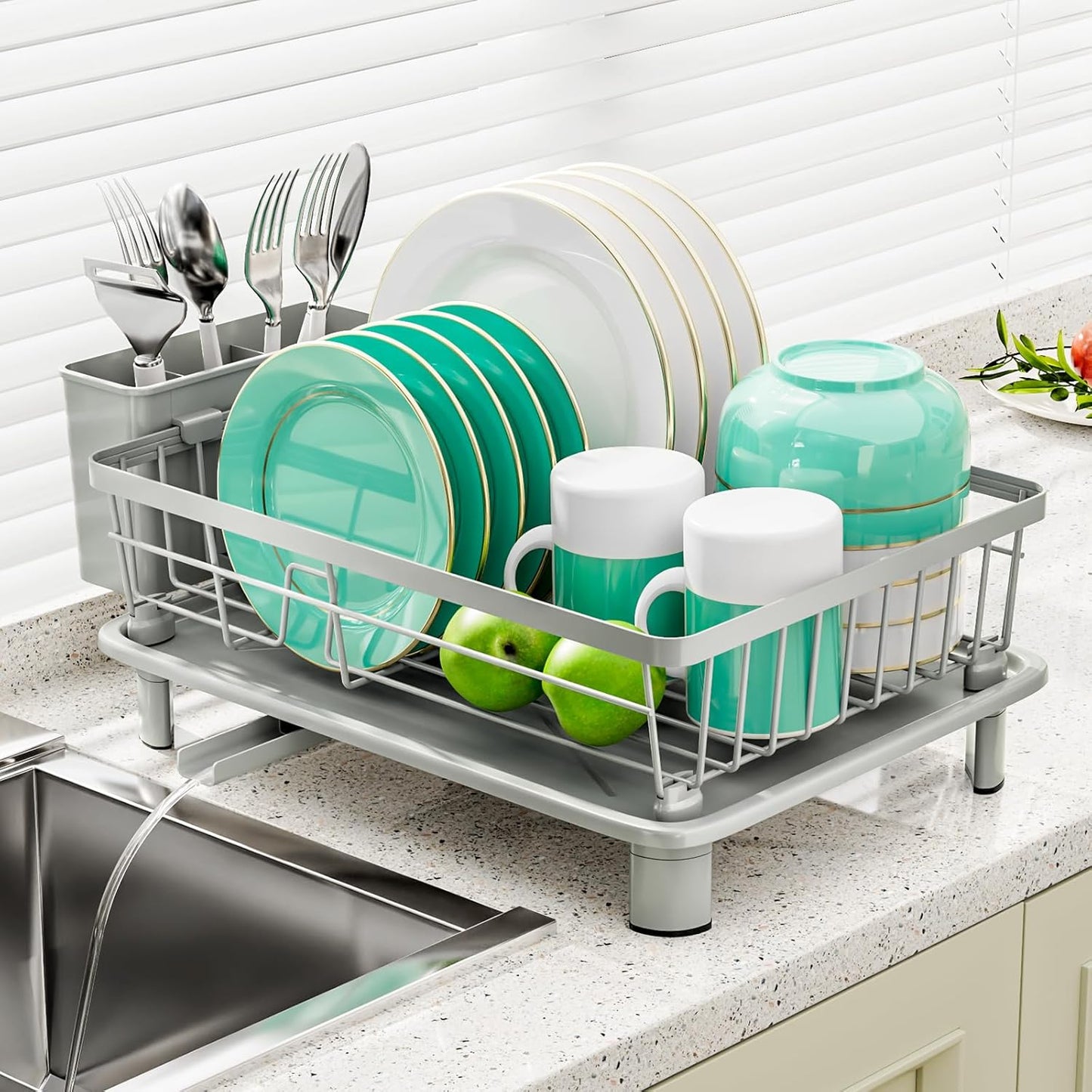 Skiennix Small Dish Drying Rack - Space-Saving Kitchen Organizer with Cutlery Holder | 11''W x 15''L, Gray