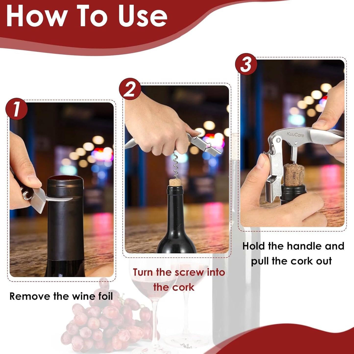 Wine Opener Waiter Corkscrew, Premium 420 Stainless Steel Wine Bottle Opener with Foil Cutter & Cap Remover, Double Hinged Manual Wine Key for Bartenders, Servers, Waiters and Home Use, Silver