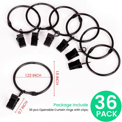 Skiennix 36-Pack Metal Curtain Rings - Openable Clips, Heavy Duty, Rustproof | 1.22" Diameter, Black