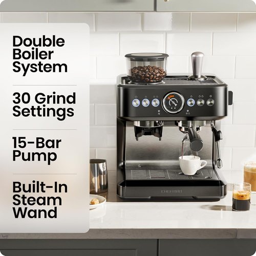 Chefman Crema Deluxe Espresso Machine - Double Boiler & Milk Frother | Professional Coffee Maker with Grinder & 30 Grind Settings