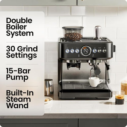 Chefman Crema Deluxe Espresso Machine - Double Boiler & Milk Frother | Professional Coffee Maker with Grinder & 30 Grind Settings