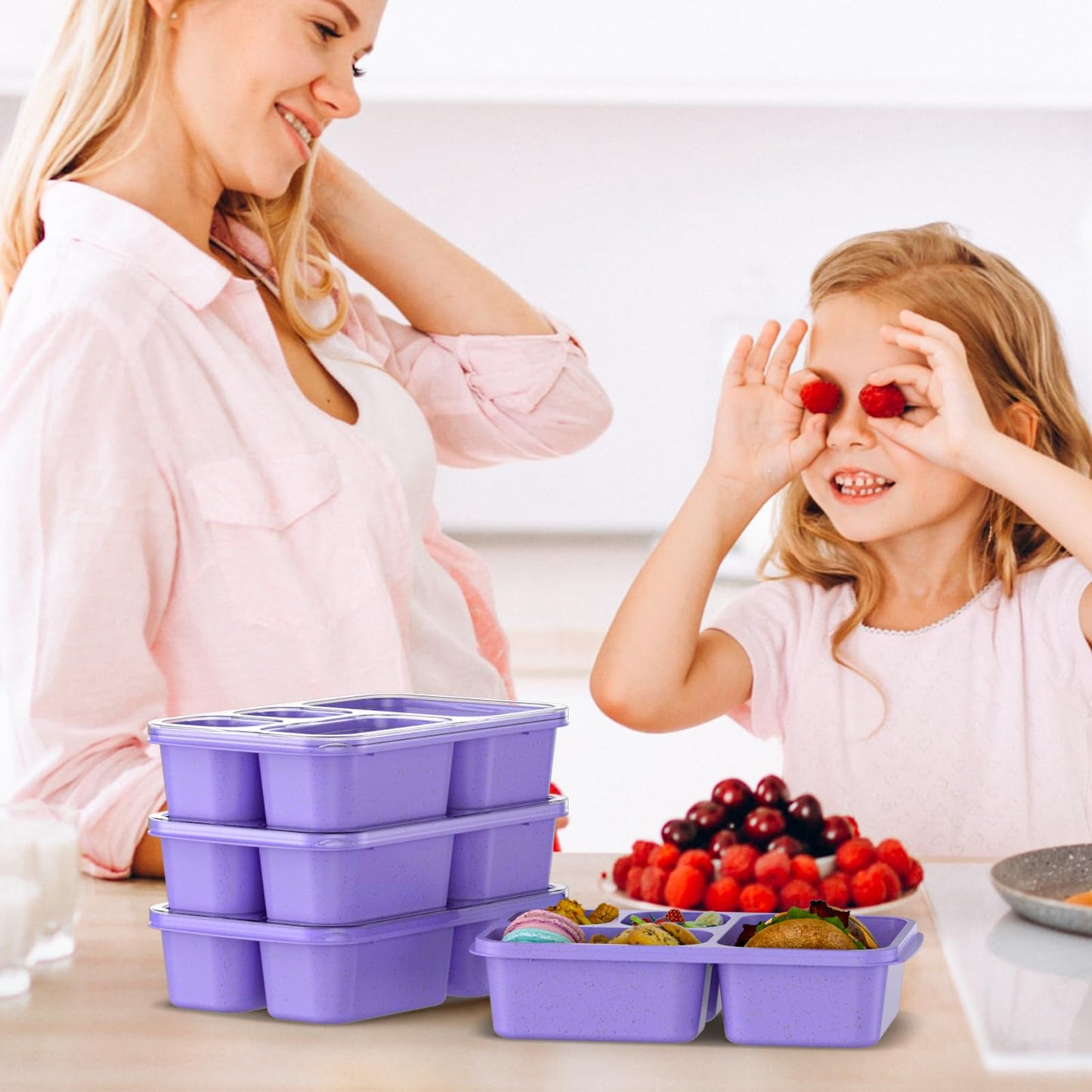 Bento Box for Adults and Snack Containers Set of 4 - Stackable, with 4 Compartments, Microwave & Dishwasher Safe, BPA Free - Reusable Meal Prep Containers for Kids and Adults (Purple)