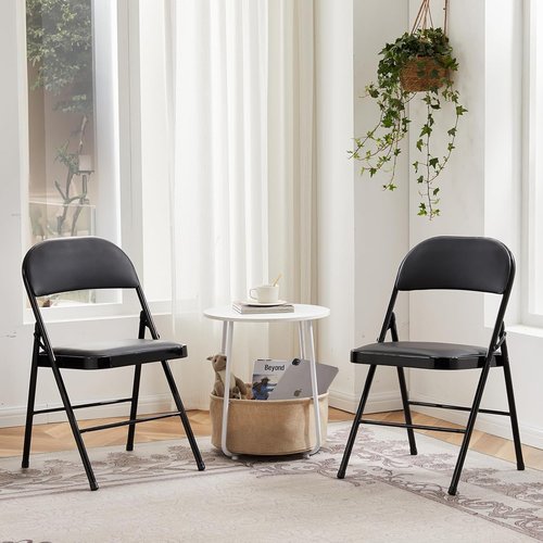 DUMOS Folding Chairs - 2 Pack Leather Padded Portable Stackable Seats for Home & Office - Black