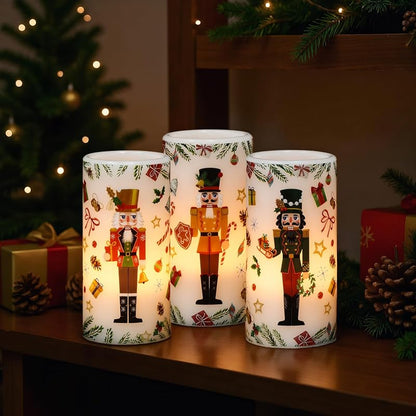 Christmas Nutcracker Flameless Pillar Candles with Remote Timer - 3 Pack