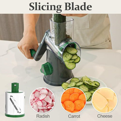 Cambom Rotary Cheese Grater - Hand Crank Shredder for Fresh Cheese & Vegetables | Non-Slip Base, 3 Blades, Grey/Green
