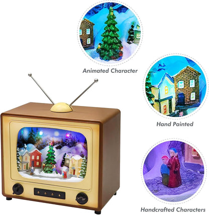 Moments In Time Animated Retro TV Christmas Village Scene - 6” Hand-Painted Lighted Décor with LED Lights & Moving Tree